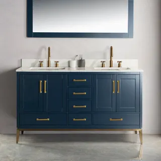 The four sides of a kitchen-cabinet vanity usually extend all the way to the floor, flush with the wall, and have plenty of storage space