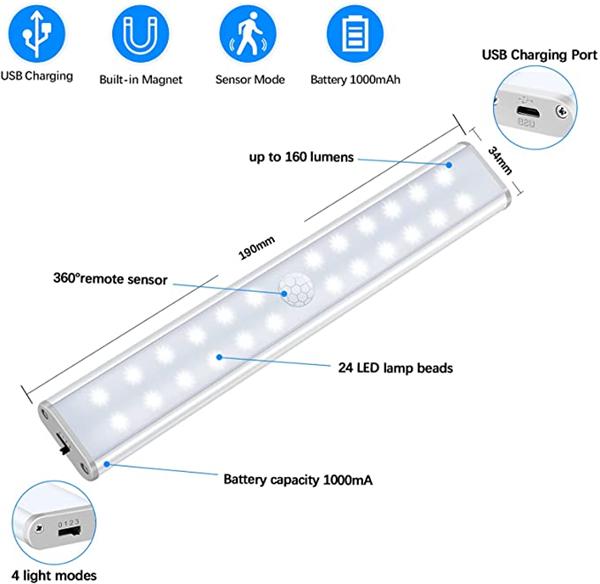 LED Placard Lumière Date 20LEDs Gradateur USB Rechargeable Détecteur De Mouvement Lumière Sous L'éclairage De L'armoire