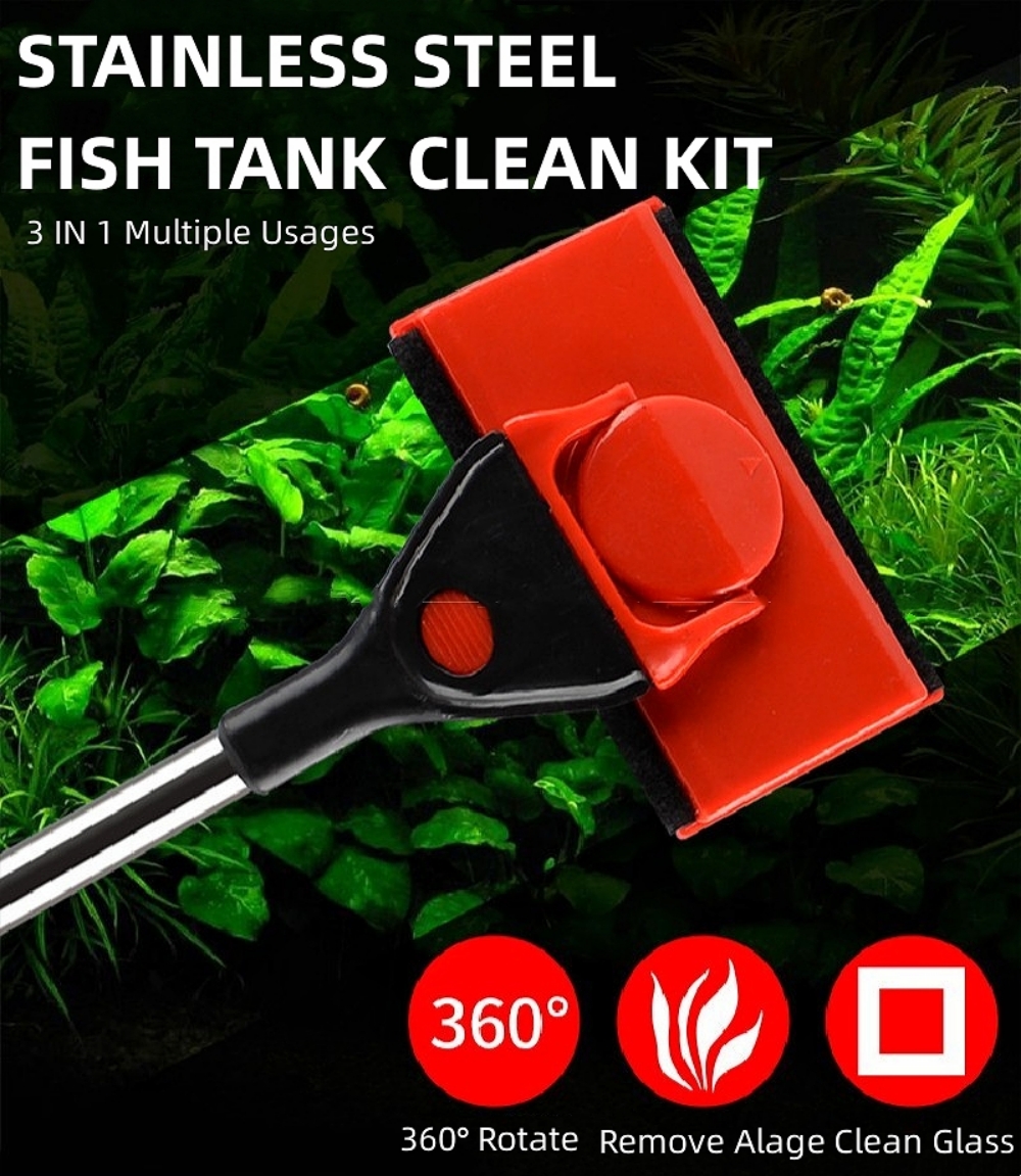 3 In 1 Multi-function Fish Tank Cleaning Tool Telescopic Brush Scraper Water Plants Rake Aquarium Cleaner