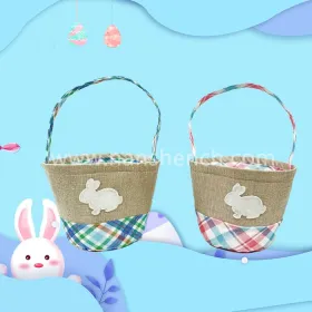 Hot Sale Custom Pure Natural Splicing Linen Gift Bunny Canvas Easter Basket