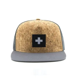 Mesh snapback cap with wood design