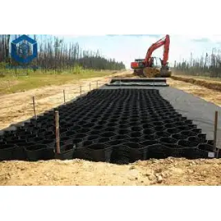 A railway geogrid construction suitable for use with high speed trains comprising: a track bed which defines a track located on a track plane