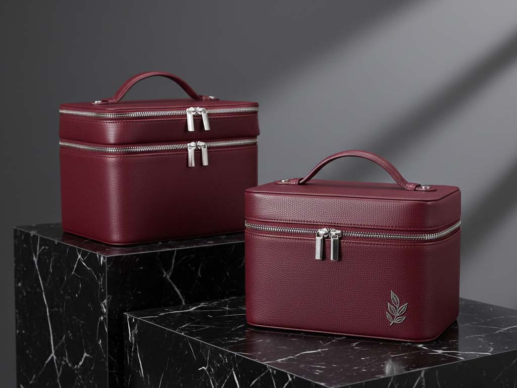 Leather makeup bag, Structured cosmetic case, Travel beauty organizer
