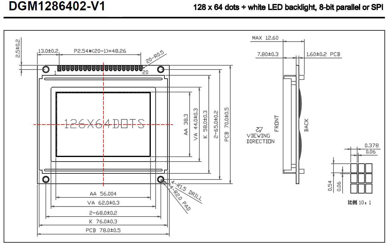 128*64 8-bit Graphic LCD Module with White LED Backlight