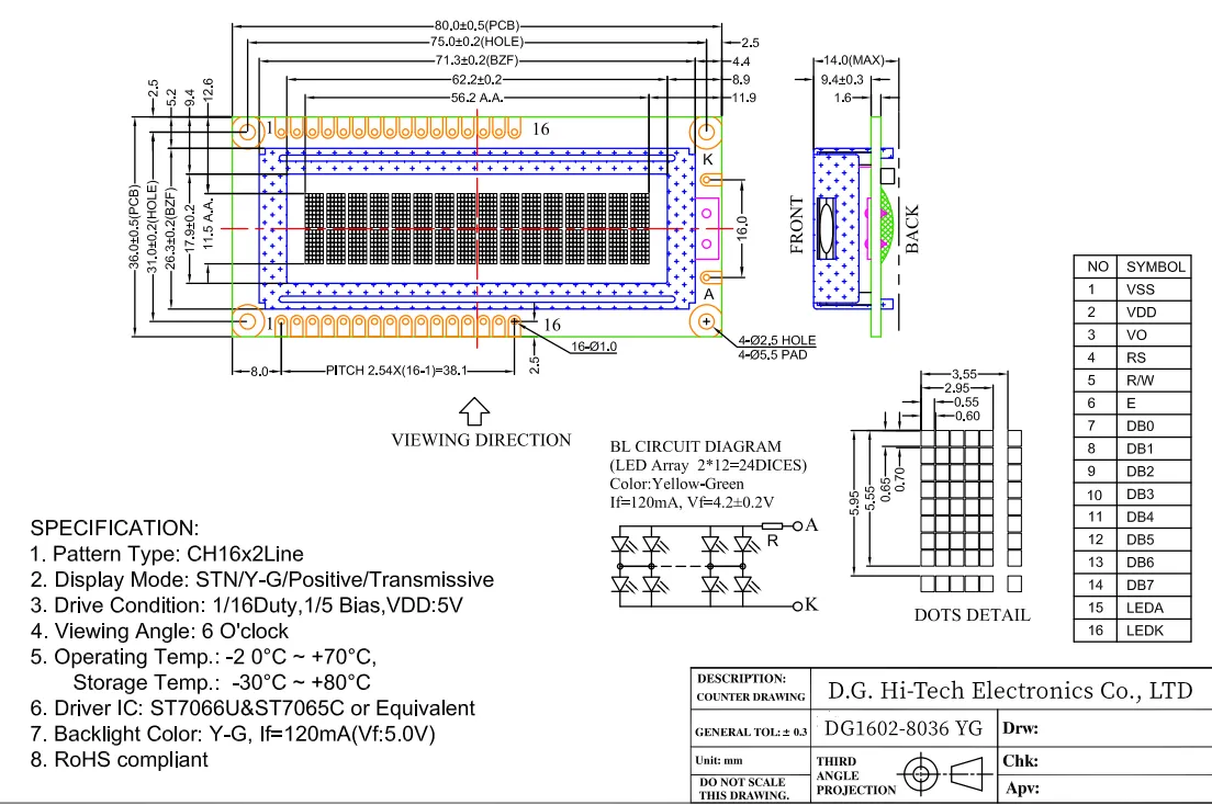 Character LCD Module, 16 *2 dots, Y/G led backlight, 4-bit or 8-bit ...