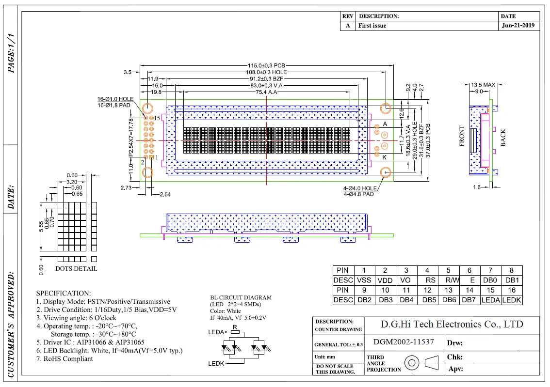 Character LCD Module, 20 *2 dots, white led backlight, 4-bit or 8-bit ...
