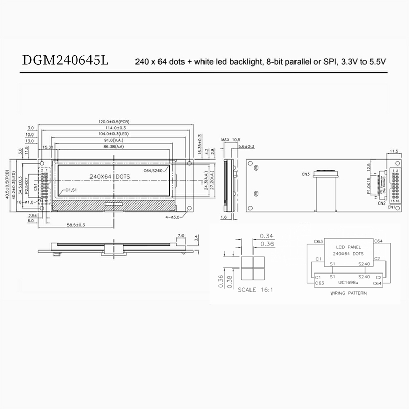 Graphic LCD module, 240*64 dots, White led backlight, 8-bit parallel