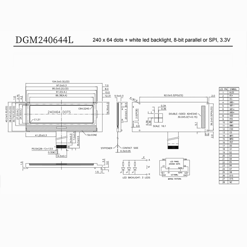 240*64, STN white blue, Graphic LCD module, backlight, 8-bit parallel