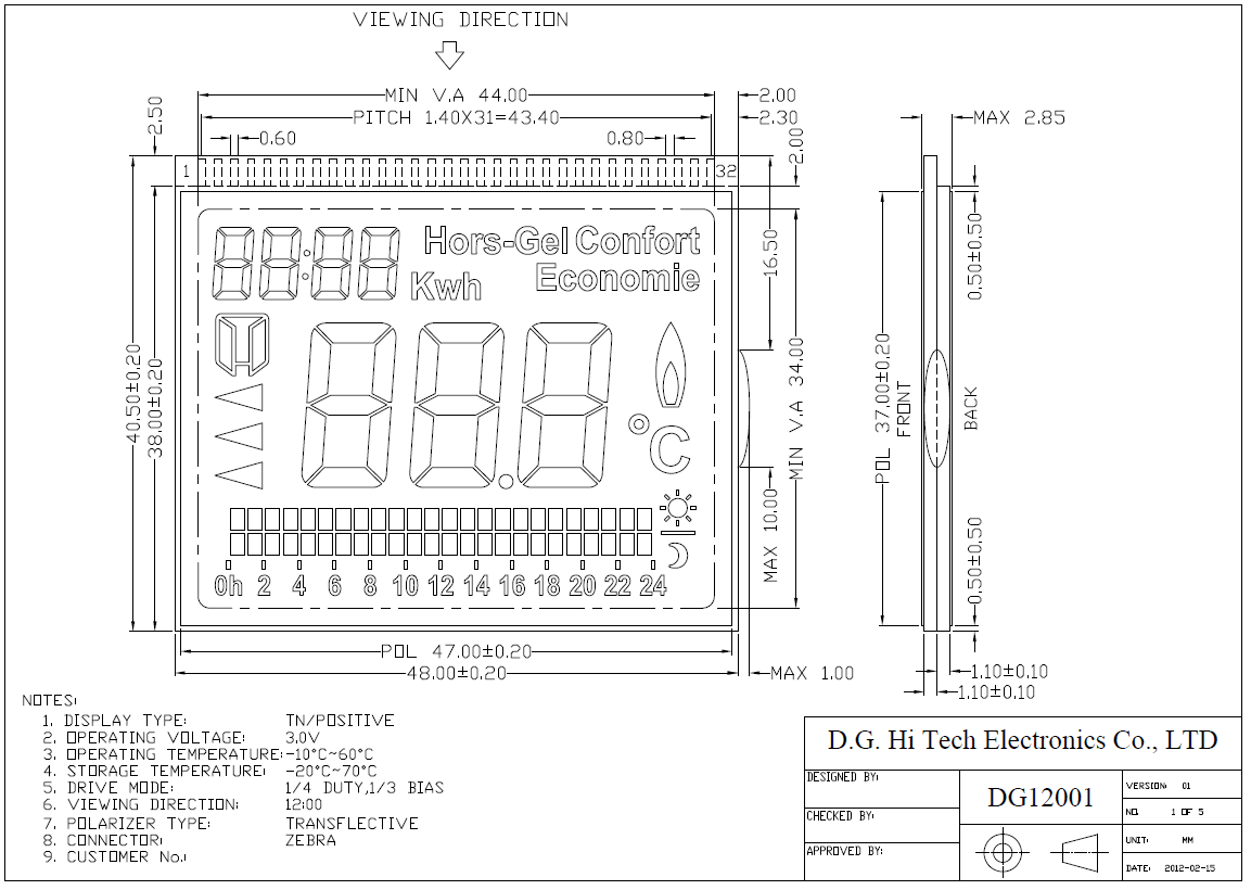 DG12001, TN LCD, Positive, Transflective, 1/4D, 1/3B, 12 O’clock