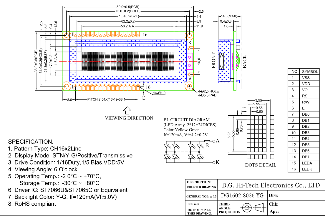 Character LCD Module, 16 *2 dots DGM1602-8036YG