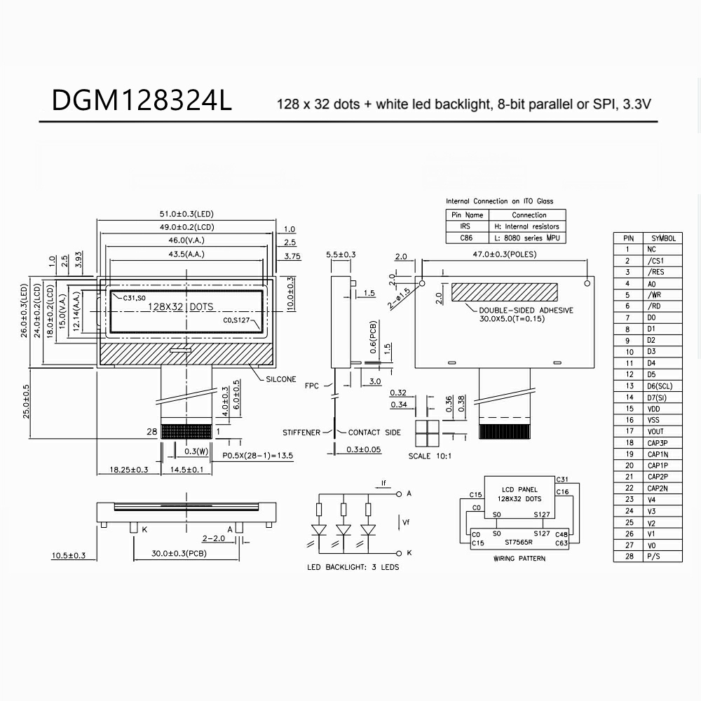 128*32, Graphic LCD Display, DGM128324L