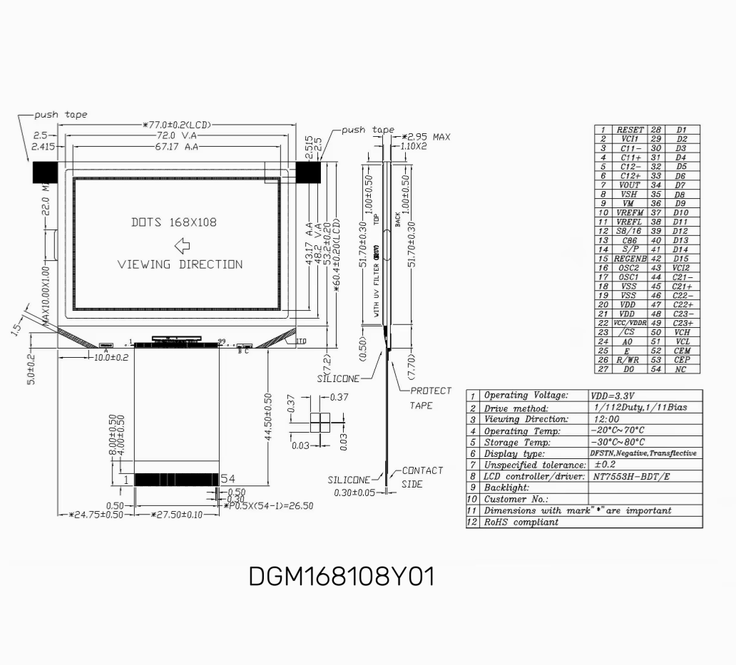 DGM168108Y01, 168*108 dots, DFSTN Display