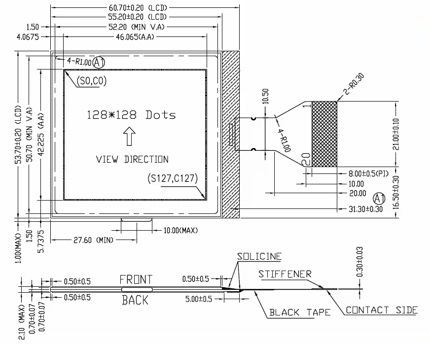 128*128 dots, DGM12812802-V1, STN Negative/FSTN Display