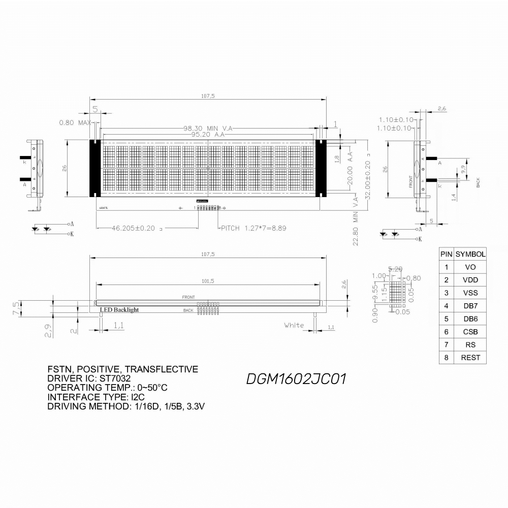 16*2, DGM1602JC01, FSTN positive