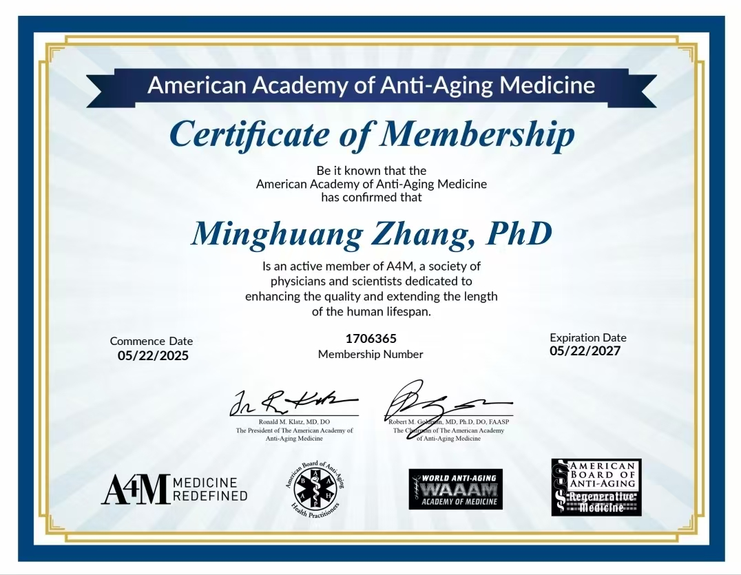 Warm congratulations to Mr. Zhang Minghuang, Chairman of Tianjin Promotec Biotechnology Co., Ltd., for joining the American Society of Anti Aging Medicine!