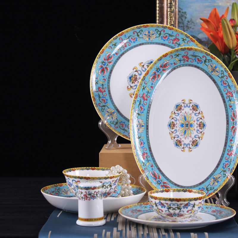 Ceramic Blue Color Design Bone China Dinner Set Tableware Round Dinnerware Plate Sets