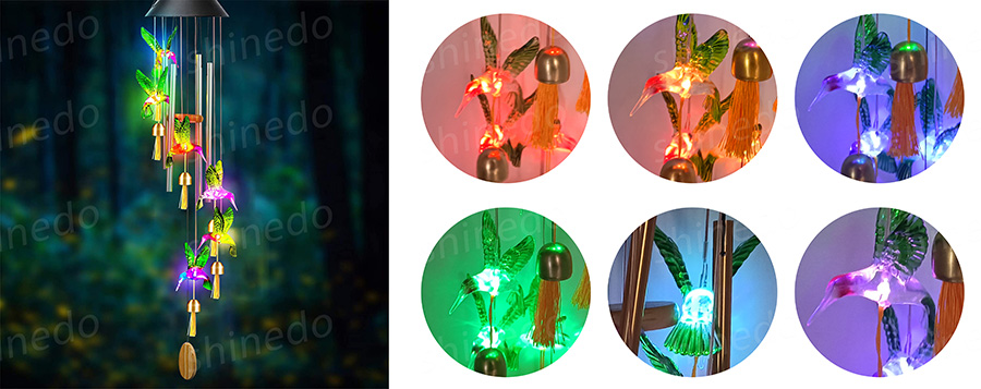 Color Changing Solar Wind Chime Outdoor Waterproof Hummingbird LED Solar Hummingbird Wind Chimes with Metal Tubes and Bells