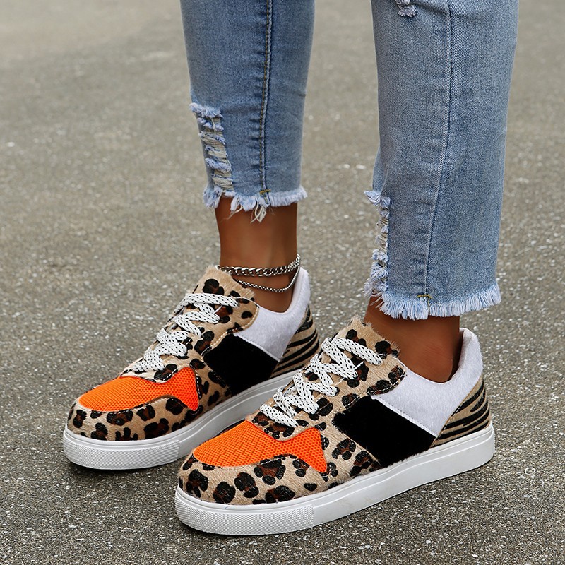 Ladies casual fashion leopard print lace-up sneakers