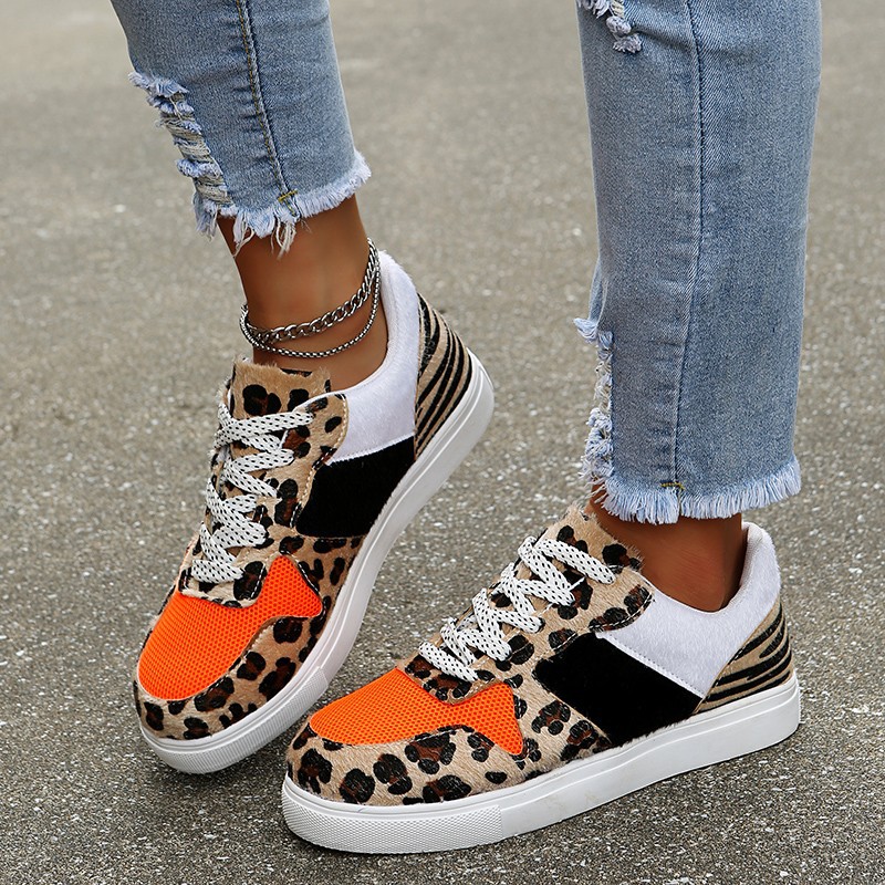 Ladies casual fashion leopard print lace-up sneakers