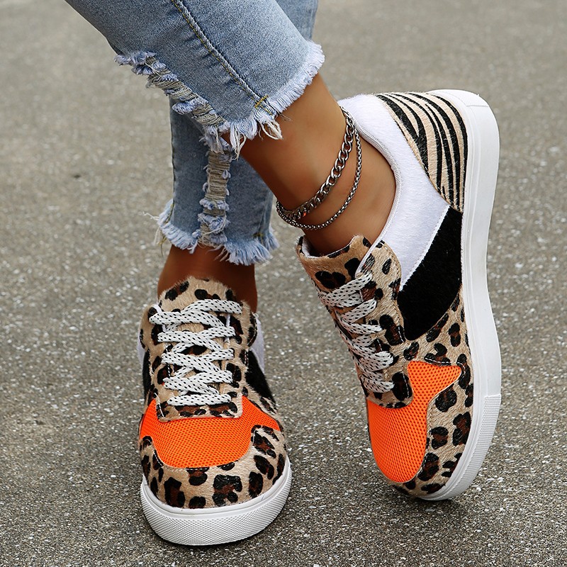 Ladies casual fashion leopard print lace-up sneakers