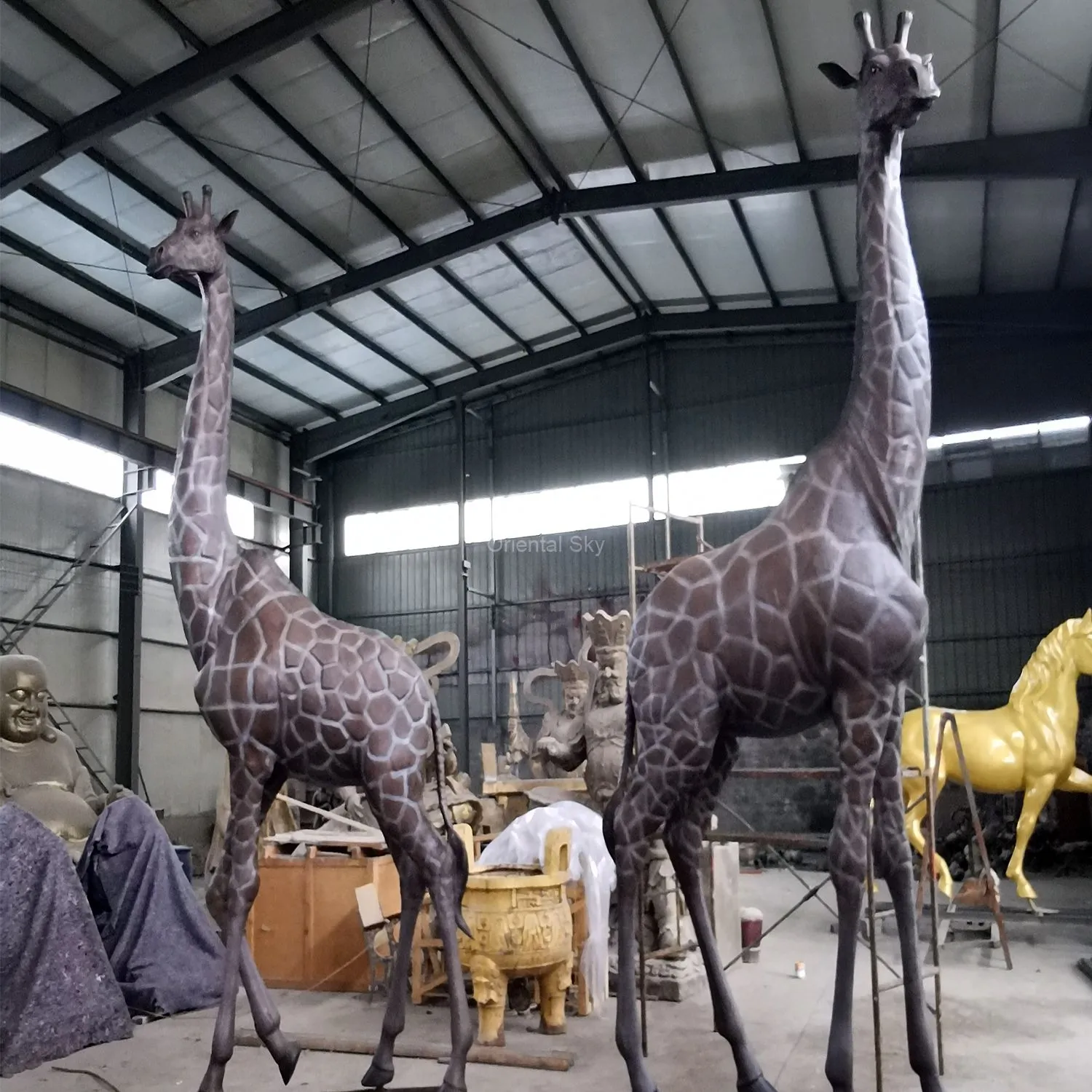 Pair of Life Size Bronze Giraffe Statue Metal Animal Sculpture
