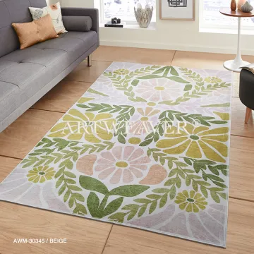 Silk Botanical Print Rug | Silk-Look Abstract Botanical Washable Rug