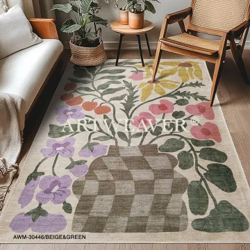 Silk Botanical Print Rug | Silk-Look Abstract Botanical Washable Rug