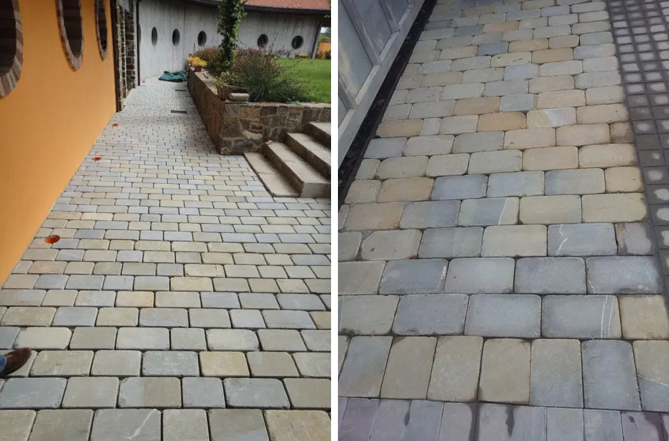 York Stone Patio Paved with Yorkstone Cobblestones