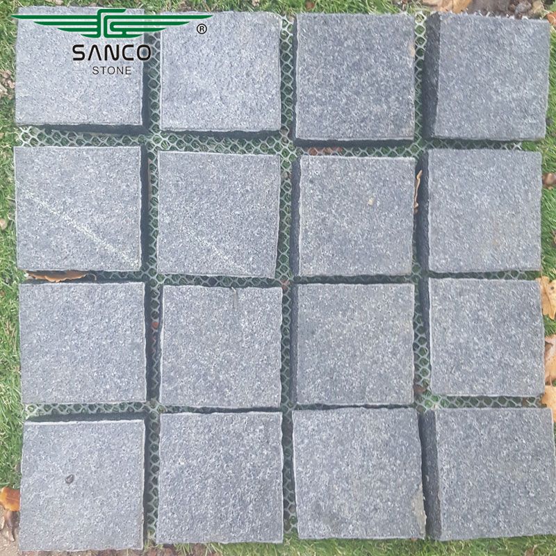 Dark Grey Granite Cobblestone Pavers on Mesh