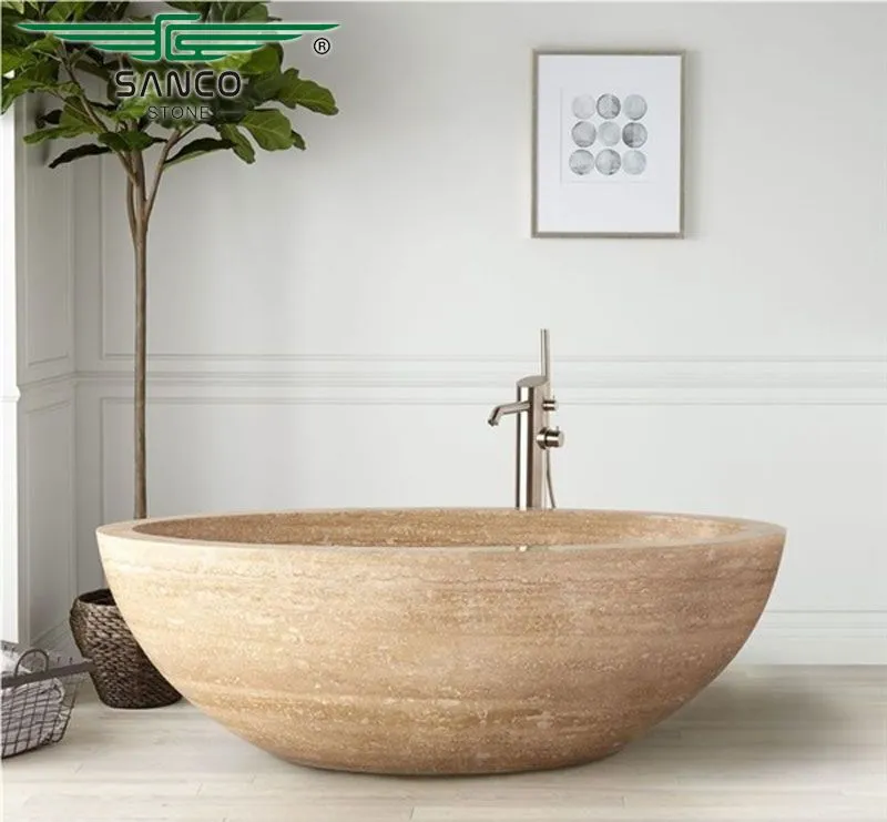 Classic Light Vein Cut Waved Travertine Bathtub