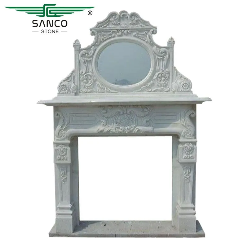 Hand Carved White Marble Fireplace With Mirror