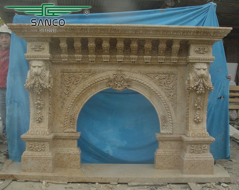 Very Impressive Carved Statuary Antique Limestone Fireplace