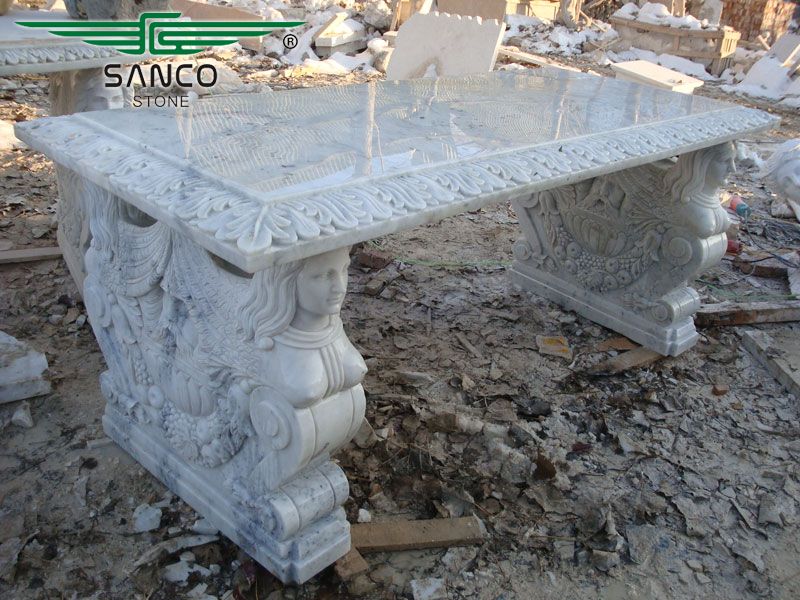 Rectangle Outdoor Hand Carving White Marble Table