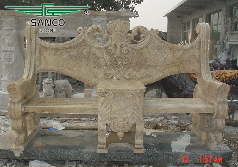 Carved Travertine Bench with Rich Antique Feel