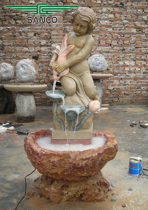 Bird Bath Fountain with Joyful Boy