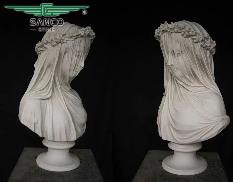 Hand-Carved Marble Veiled Lady Bust Statue