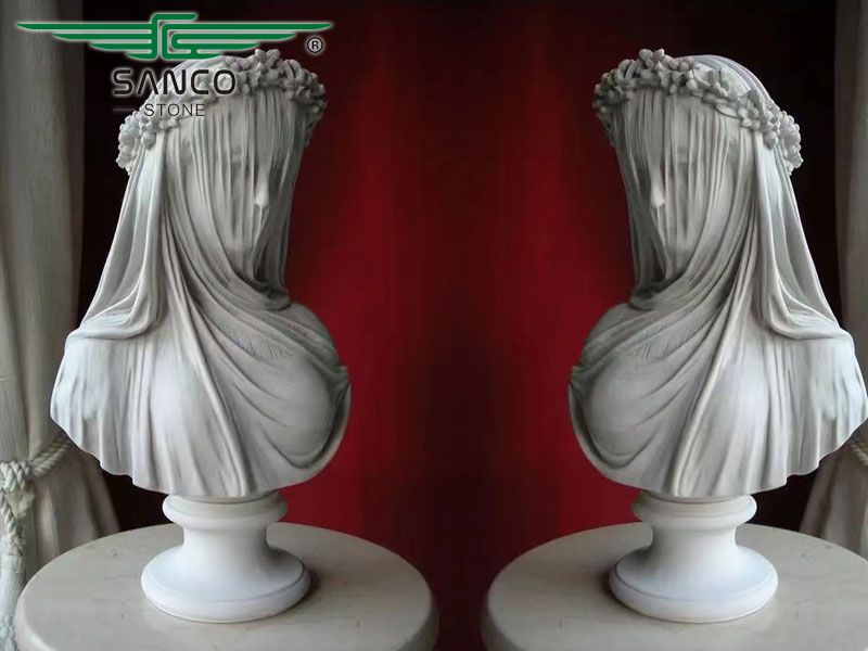 Hand-Carved Marble Veiled Lady Bust Statue