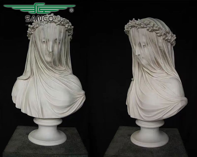 Hand-Carved Marble Veiled Lady Bust Statue