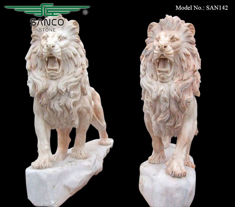 Valiant Striding Marble Outdoor Lion Statues