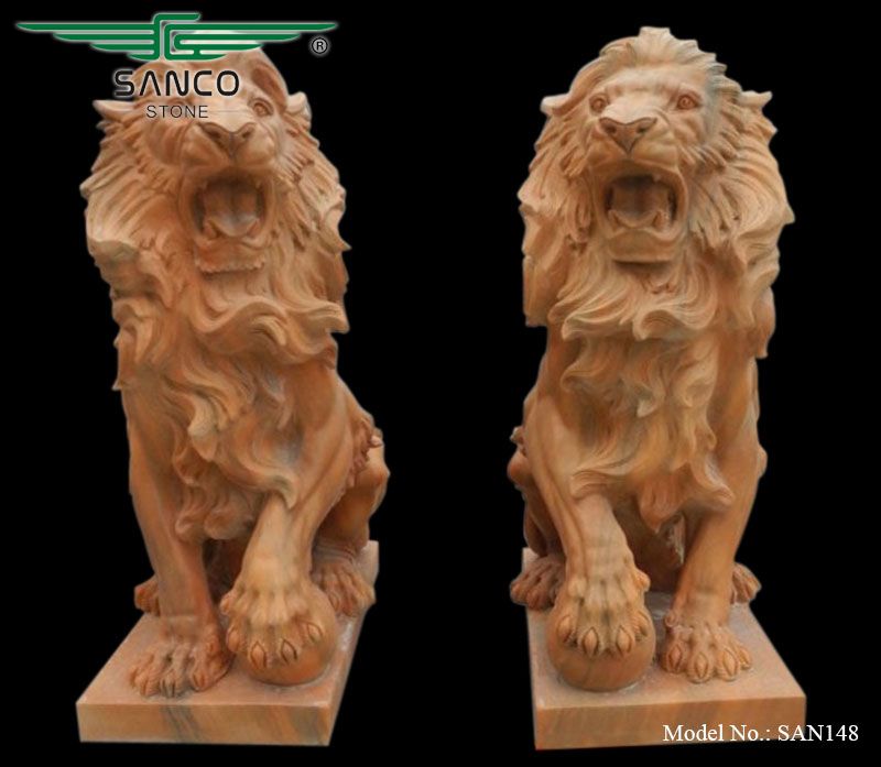 Garden Marble Carved Lion Statues with Ball