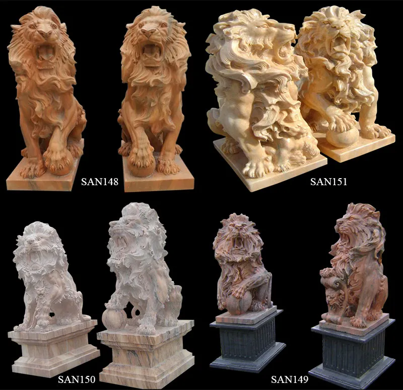 Garden Marble Carved Lion Statues with Ball