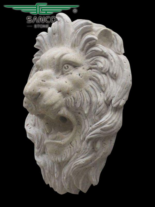 Antique Travertine Lion Head Fountain Sculpture