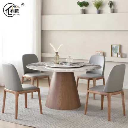 Solid Wood Slate Round Dining Table and Chairs