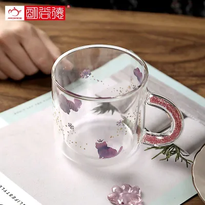 Japanese Sakura Glass Coffee Mug Cute Cat Deer Rabbit Tea Mug Heat  Resistant Glass Tea Cup