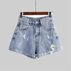 Women’s Embroidery Destroy Wash Blue Jeans Shorts