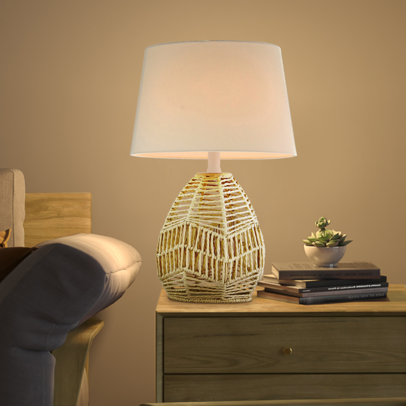 Home Design Table Lamp with Rattan Lamp Body and White Drum Lamp Shade for Living Room and Bedroom