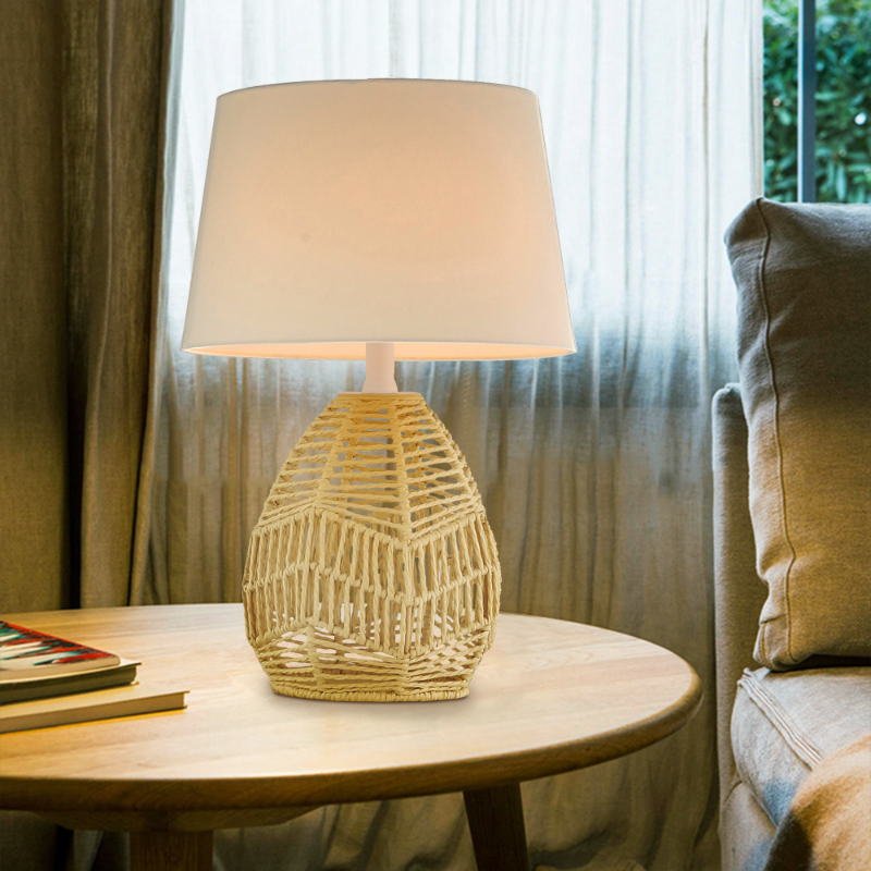 Home Design Table Lamp with Rattan Lamp Body and White Drum Lamp Shade for Living Room and Bedroom