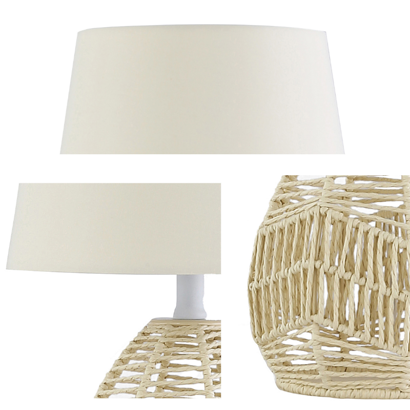 Home Design Table Lamp with Rattan Lamp Body and White Drum Lamp Shade for Living Room and Bedroom