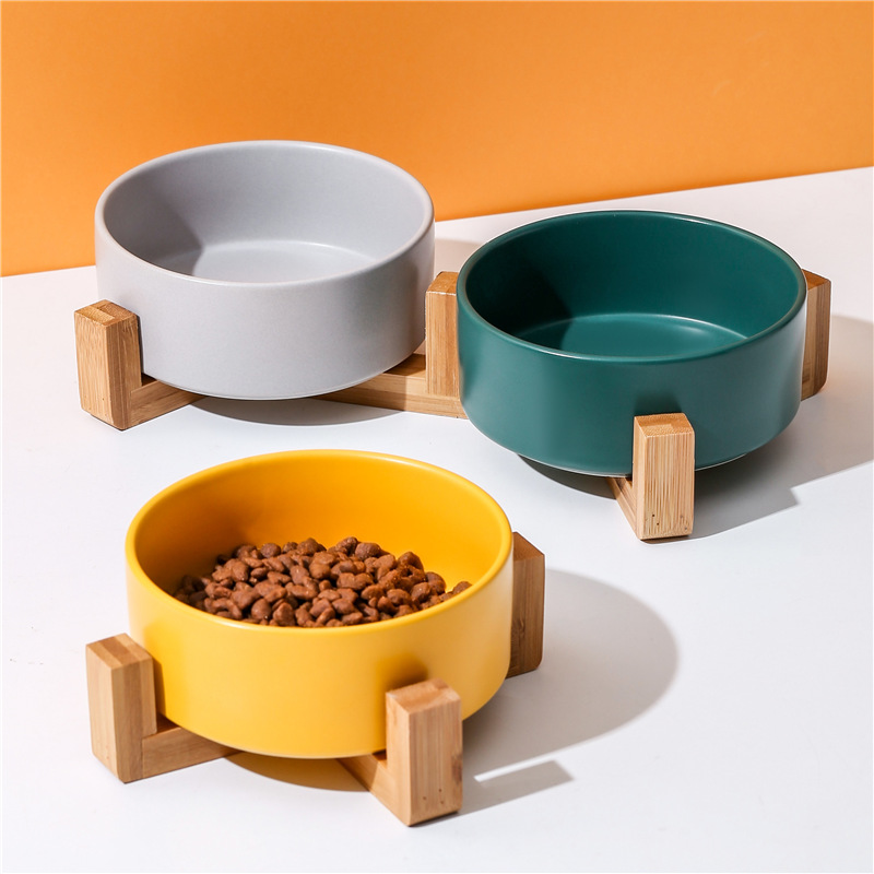 Pet Bowl, Ceramic Cat Dog Bowl Dish，Bowl Dish with Wood Stand