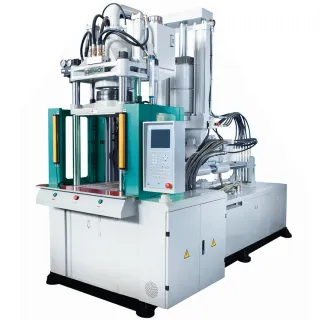 The compact design of the vertical injection molding machine saves space.